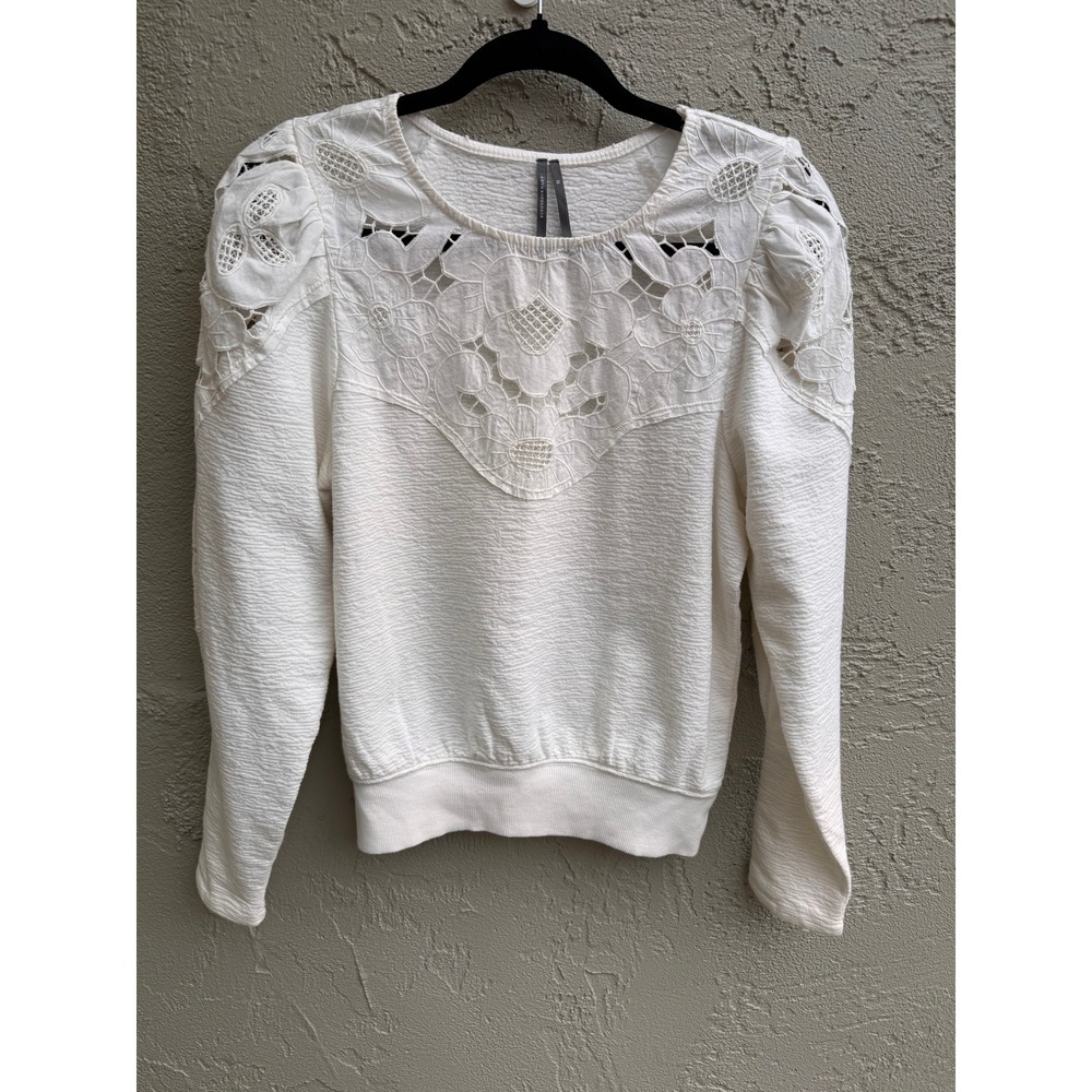 Anthropologie White Floral Eyelet Lace Embroidered Sweater XS Cottage Shabby